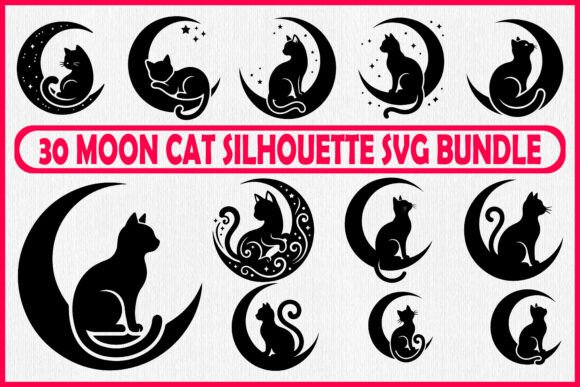 30 Moon Cat Silhouette SVG Bundle for Crafts