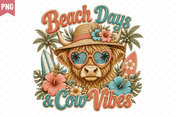 Beach Days Cow Vibes Faux Yarn PNG for Crafts