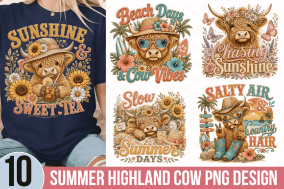 Summer Highland Cow Faux Yarn PNG Bundle