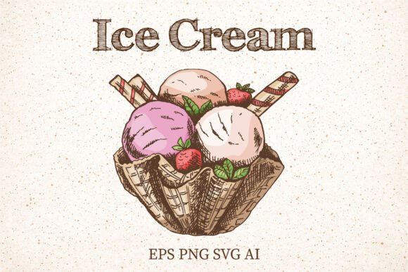 Vintage Waffle Bowl Ice Cream Clipart for Summer Designs